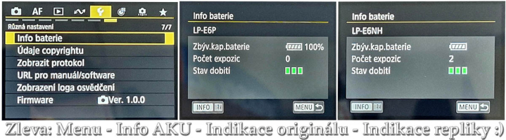Canon EOS R6V: Indikace kapacit akumulátorů LP-E6...