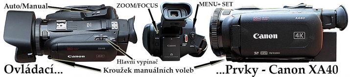 Některé ovládací prvky Videokamery Canon XA40...