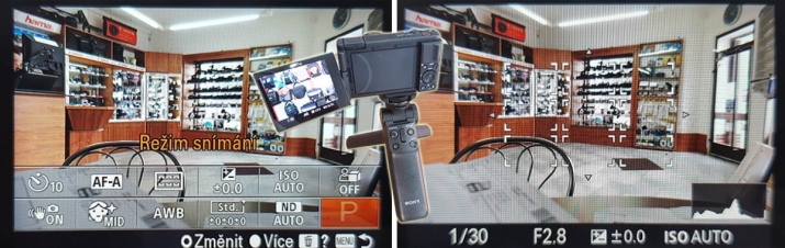 Sony ZV-1: ikony režimů snímání a ostřící body v LCD